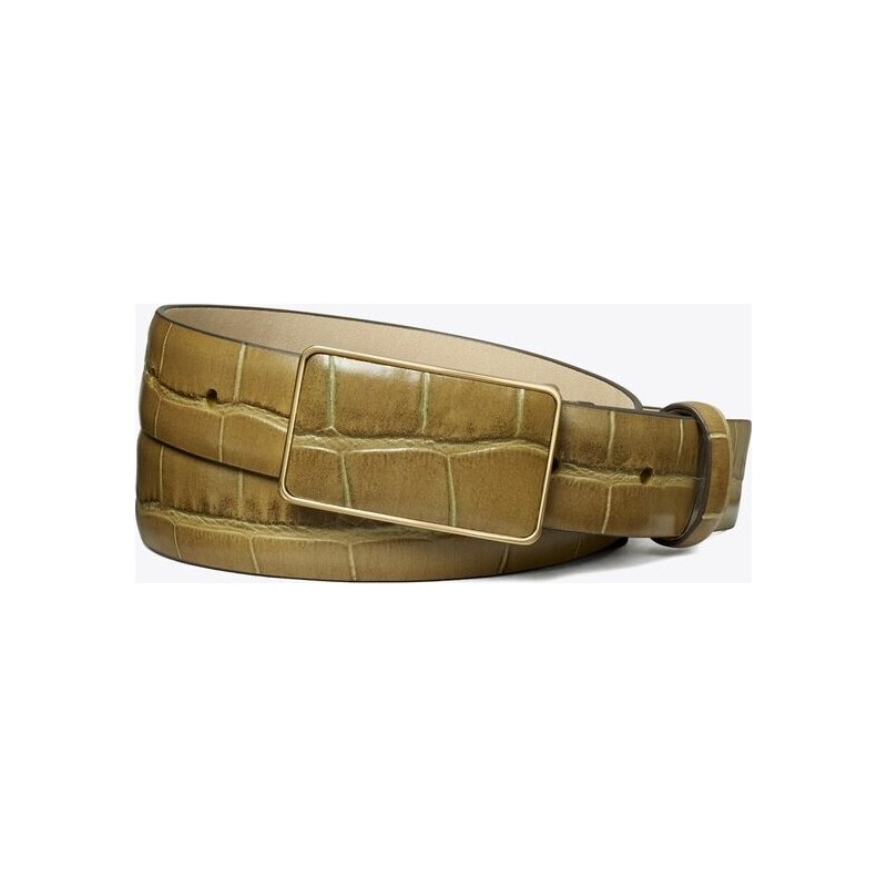Ceinture en cuir embossé effet croco à fermoir plaque in beige, size L/XL