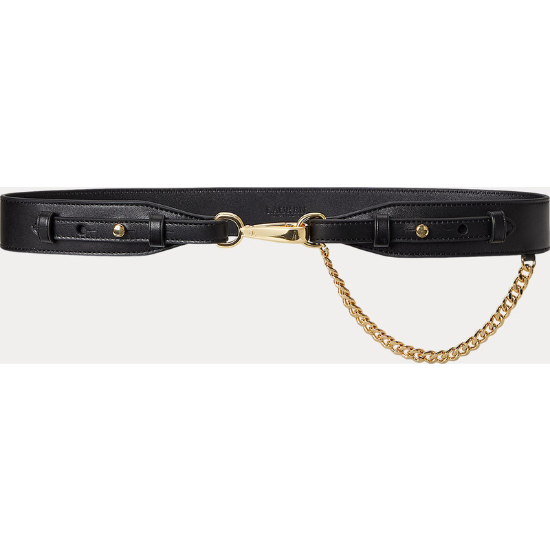 Chain-Trim Leather Dog-Clip Belt